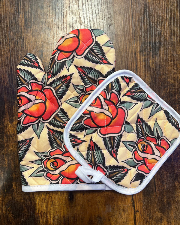 Decorative Trad Rose Oven Mitt & Pot Holder